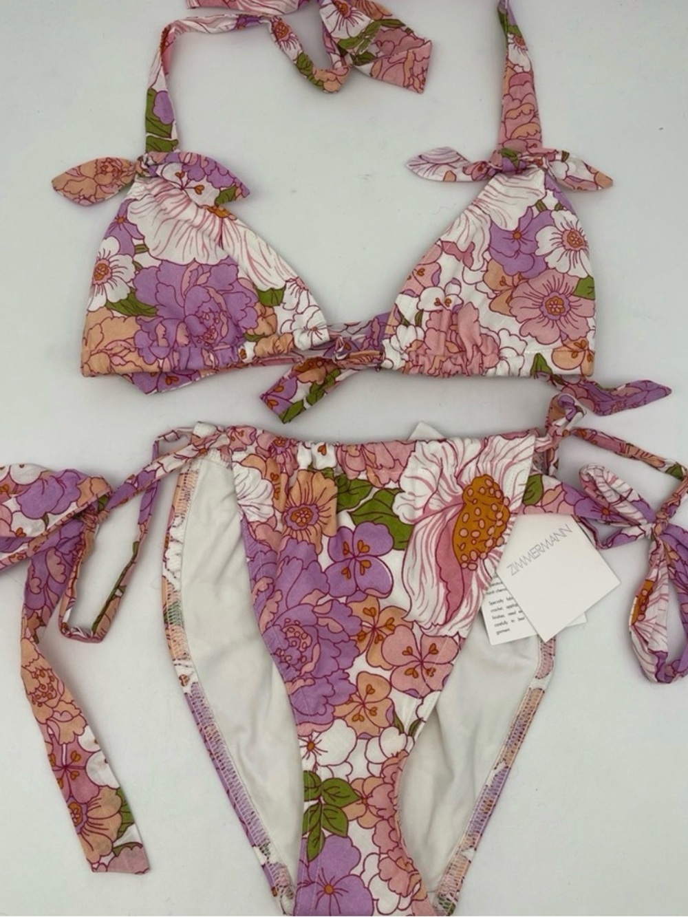 NWT Zimmermann Bells Ruched Tie Bikini Set PinkPurple Floral Luxury Swimsuit AU0